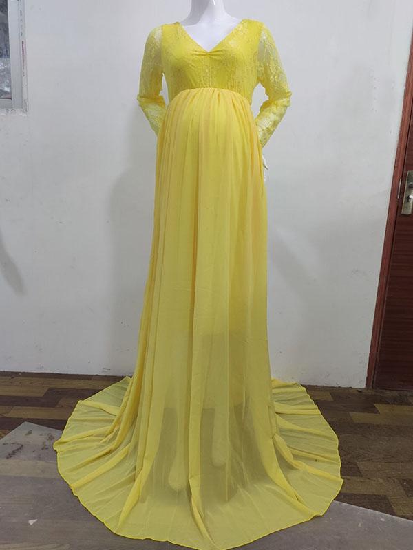 Seindeal Lace Big Swing V-neck Long Sleeve Maxi Maternity Photoshoot Dress