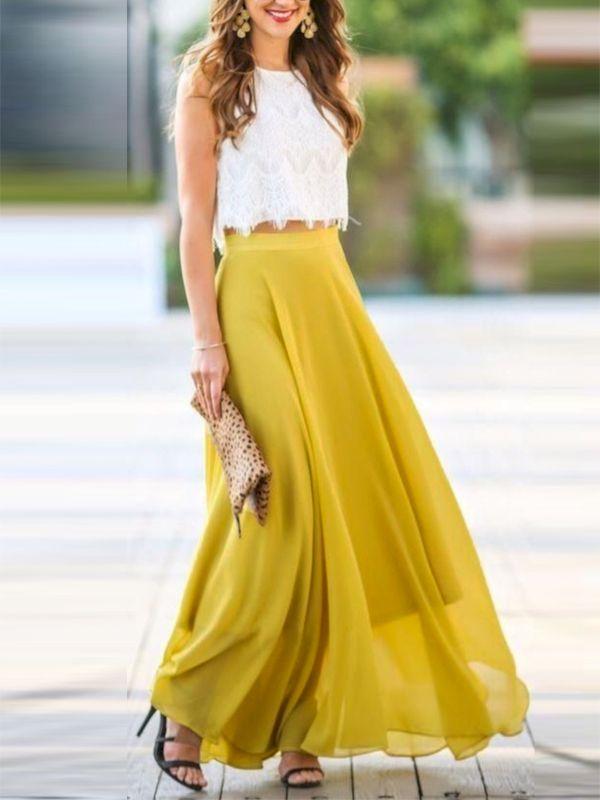 Yellow Draped Elastic Waist Elegant Summer Bohemian Chiffon Maxi Skirt Women