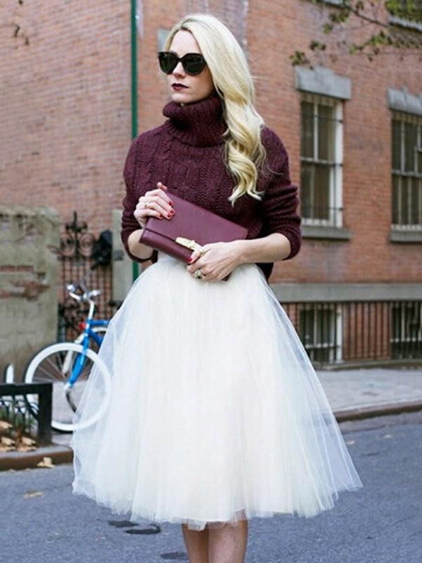 Seindeal White Solid Color Draped High Waisted Tutu Puffy Party Midi Skirt Women Elegant Tulle Skirt