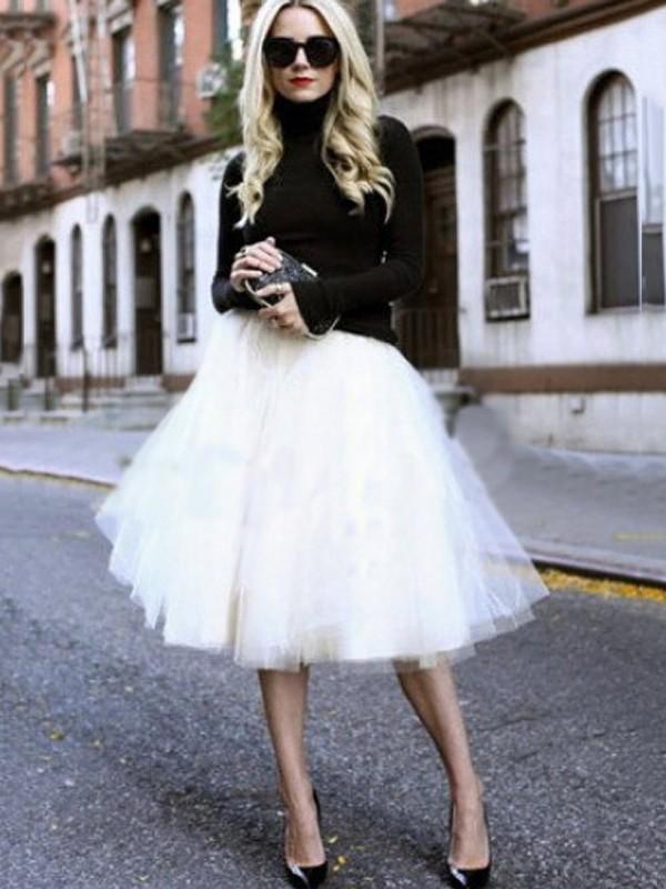 Seindeal White Solid Color Draped High Waisted Tutu Puffy Party Midi Skirt Women Elegant Tulle Skirt