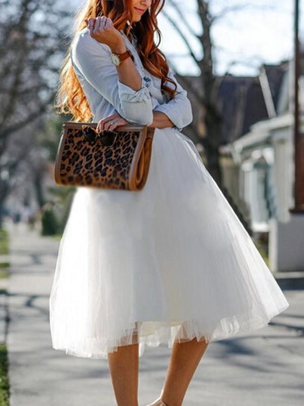 Seindeal White Solid Color Draped High Waisted Tutu Puffy Party Midi Skirt Women Elegant Tulle Skirt