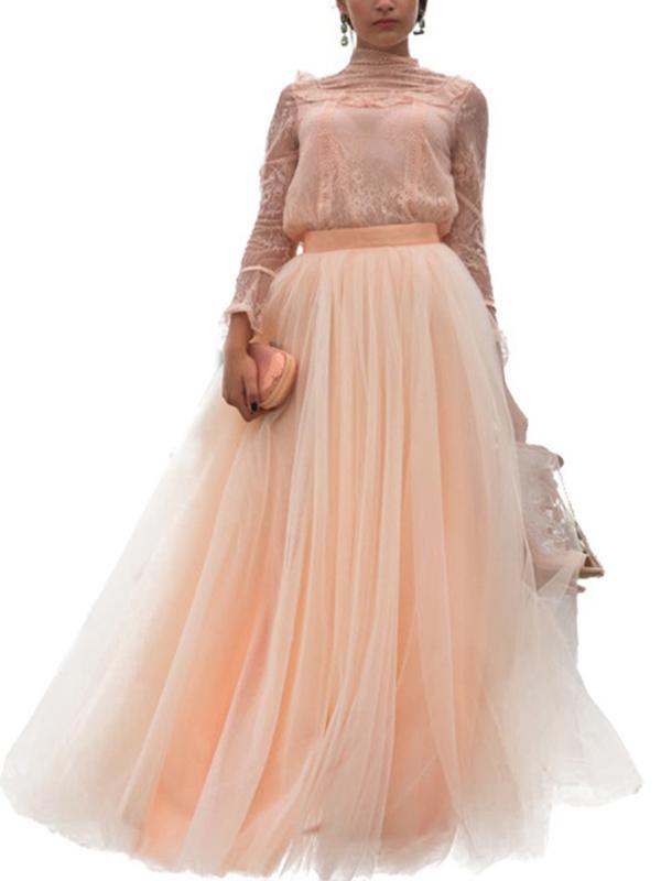 Seindeal Apricot Mesh High Waist Floor Length Maxi Skirt Elegant Party Evening Tutu Tulle Skirt Ball Skirt
