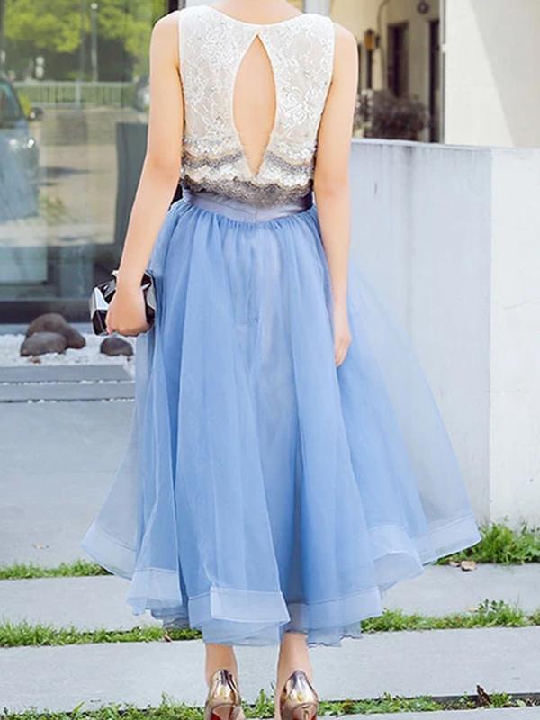 Blue Mesh Plain Pleated High Waisted Maxi Skirt Elegant Party Evening Tutu Tulle Skirt