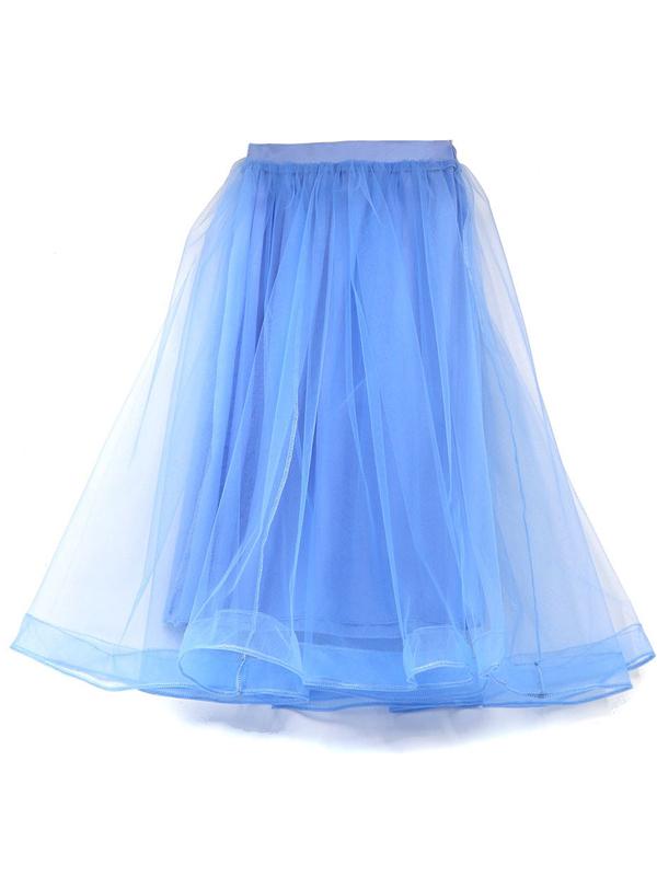 Blue Mesh Plain Pleated High Waisted Maxi Skirt Elegant Party Evening Tutu Tulle Skirt