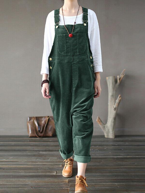 Solid color pockets buttons bib women overalls dungarees
