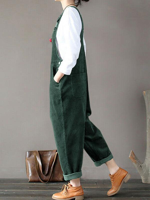 Solid color pockets buttons bib women overalls dungarees