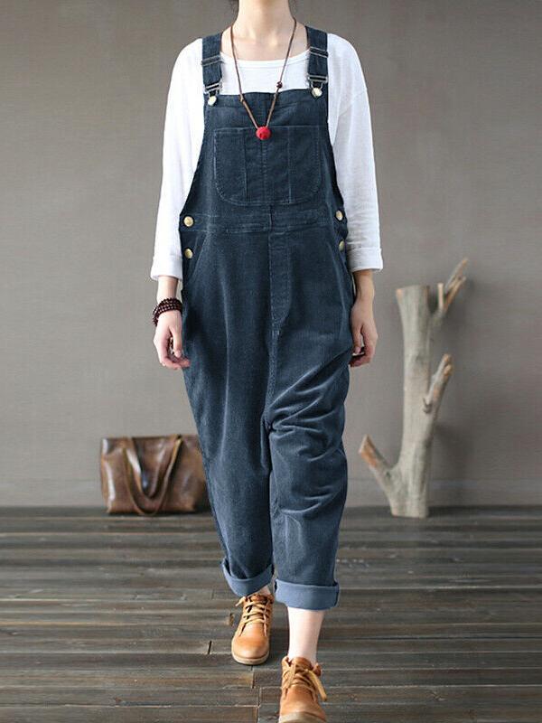 Solid color pockets buttons bib women overalls dungarees