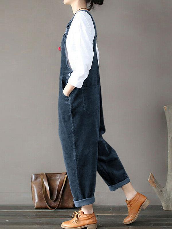 Solid color pockets buttons bib women overalls dungarees