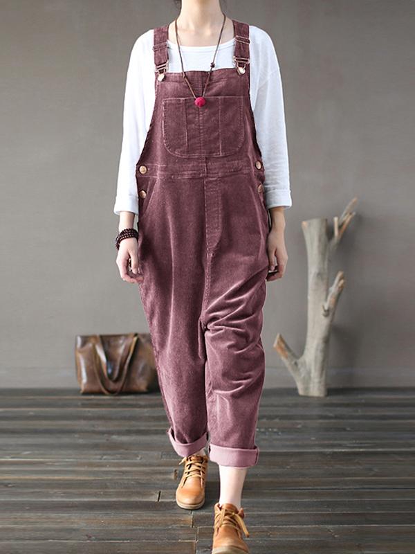 Solid color pockets buttons bib women overalls dungarees