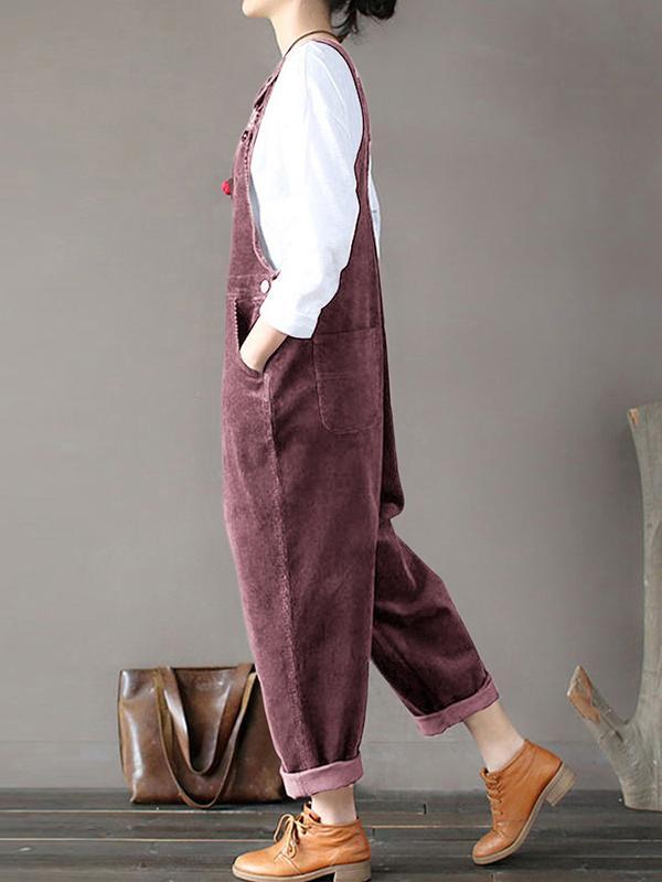 Solid color pockets buttons bib women overalls dungarees