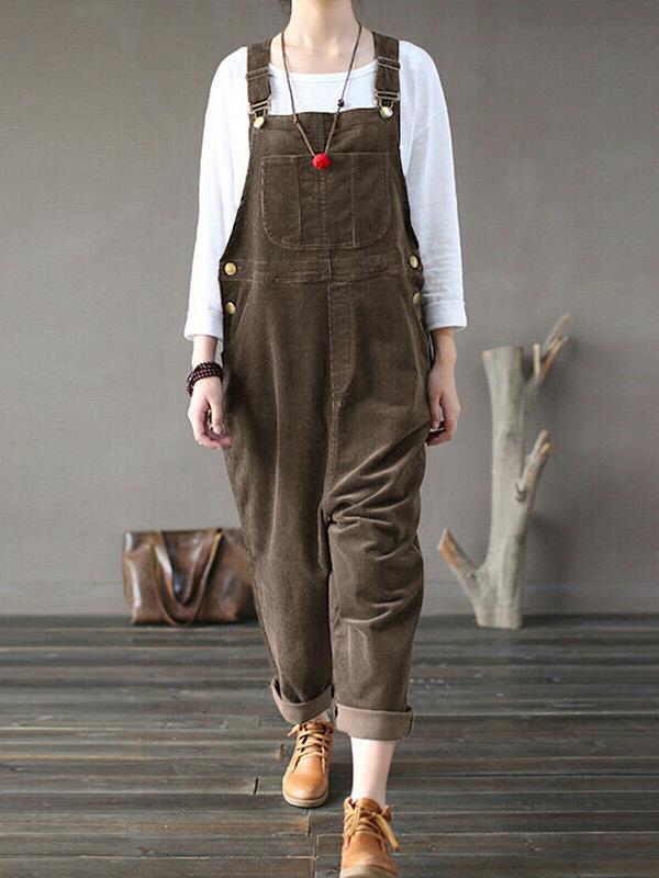 Solid color pockets buttons bib women overalls dungarees
