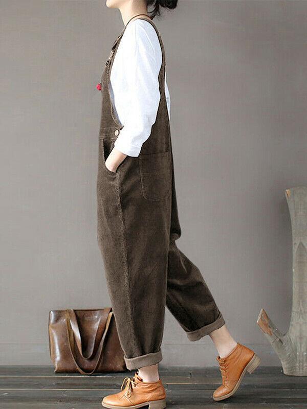 Solid color pockets buttons bib women overalls dungarees