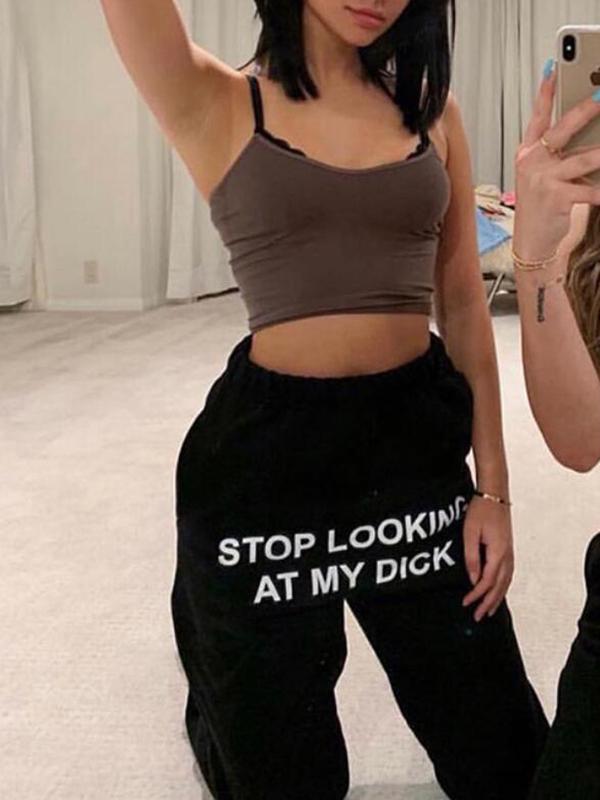 Black Stop Looking At My Dick Font High Waist Unusual Boyfriend Long Harem Pants Women Fashion