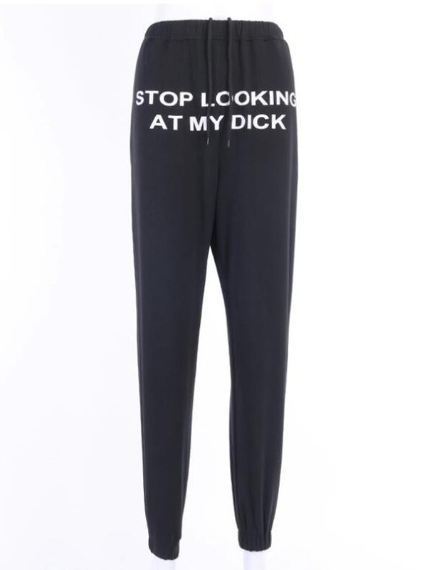 Black Stop Looking At My Dick Font High Waist Unusual Boyfriend Long Harem Pants Women Fashion