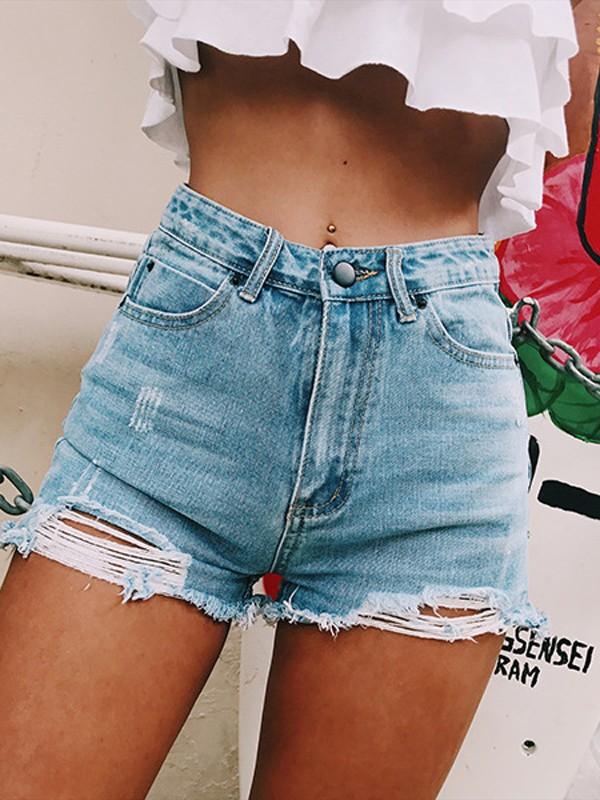 Light Blue Pockets Buttons Ripped High Waisted Fashion Ripped Shorts Women Jeans Hotpants
