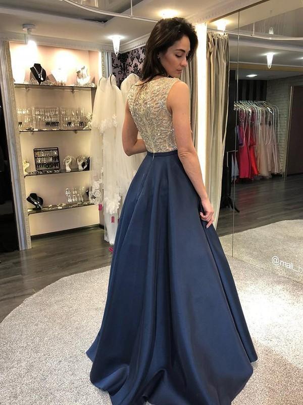 Seindeal Blue Beading Glitter Round Neck Sleeveless Elegant Maxi Dress Evening Dress Ball Gown