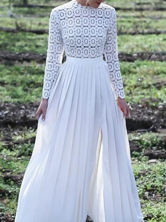 White Splicing Lace Side Slit Pleated Long Sleeve Elegant Maxi Dress Evening Dress Ball Gown