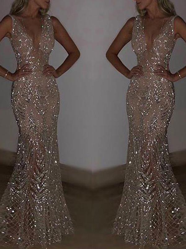 Silver Sequin V Neck Sleeveless Women Maxi Dresses Sequin Dress Evening Dress