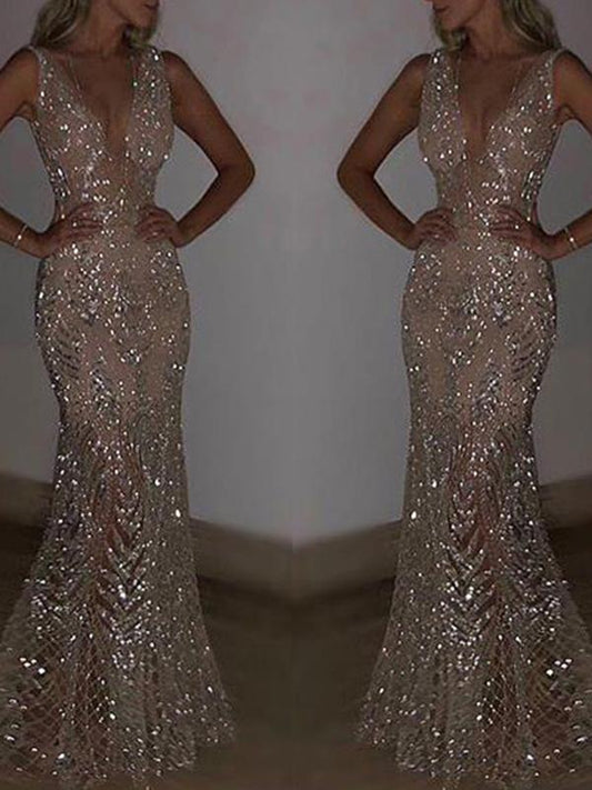 Silver Sequin V Neck Sleeveless Women Maxi Dresses Sequin Dress Evening Dress