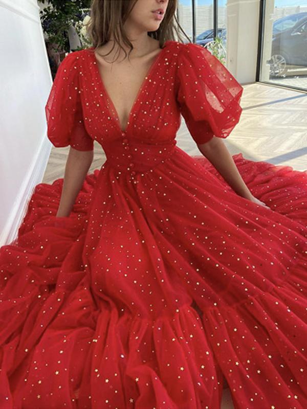 Mesh Sequin Draped V Neck Short Sleeve Women Maxi Dresses Sequin Dress Evening Dress