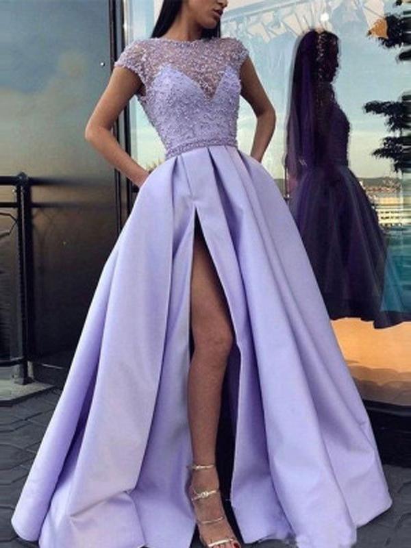 Purple Patchwork Lace Slit Round Neck Sleeveless Women Maxi Dresses Elegant Dress Evening Dress Ball Gown