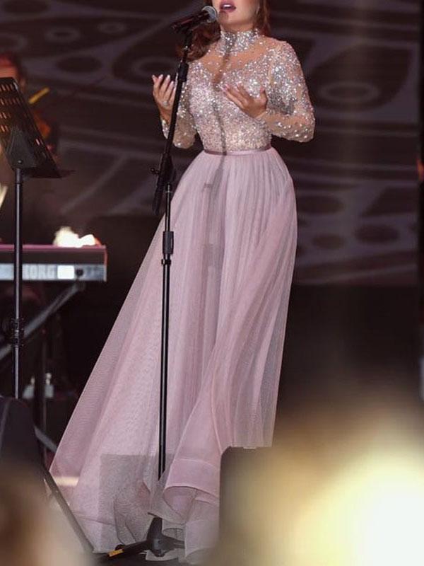 Pink Solid Color Sequins Glitter High Stand Collar Long Sleeve Women's Ball Gown