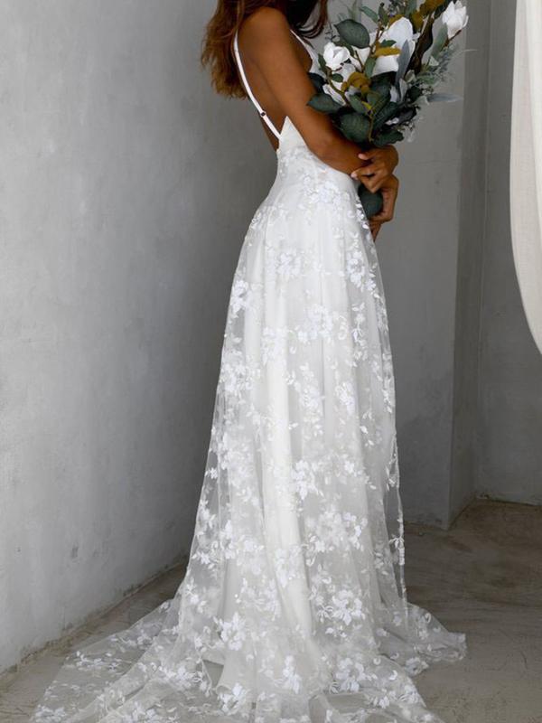 White Lace Side Slit V Neck Spaghetti Straps Women Maxi Dresses Lace Dress Evening Dress