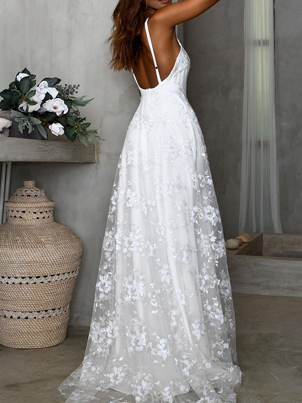 White Lace Side Slit V Neck Spaghetti Straps Women Maxi Dresses Lace Dress Evening Dress