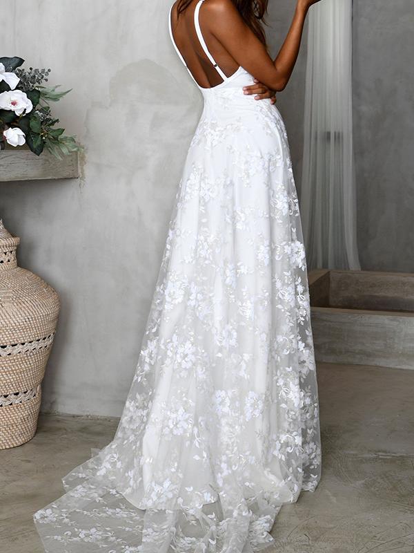 White Lace Side Slit V Neck Spaghetti Straps Women Maxi Dresses Lace Dress Evening Dress