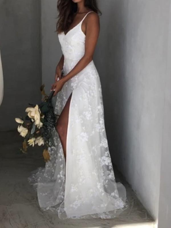 White Lace Side Slit V Neck Spaghetti Straps Women Maxi Dresses Lace Dress Evening Dress