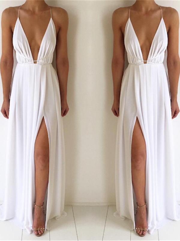 Side Slit Backless Deep V-Neck Spaghetti Straps Women Maxi Dresses Party Dress Ball Gown
