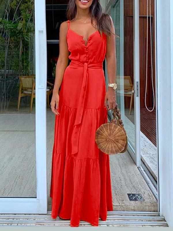Button belt v-neck spaghetti straps women maxi dress beach dress