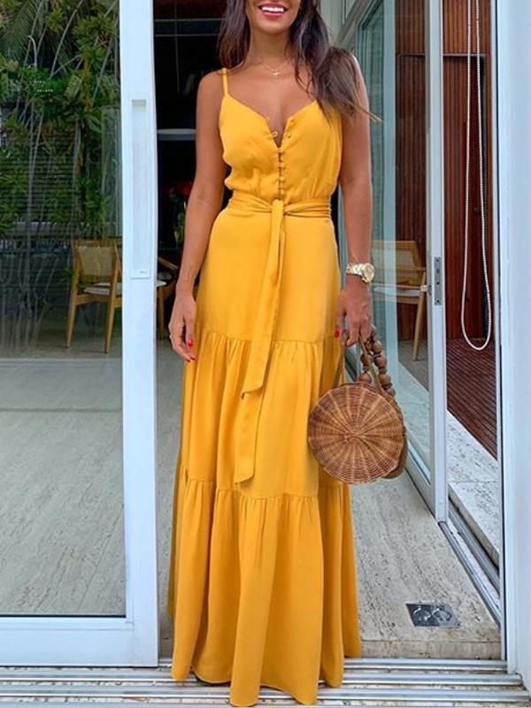 Button belt v-neck spaghetti straps women maxi dress beach dress