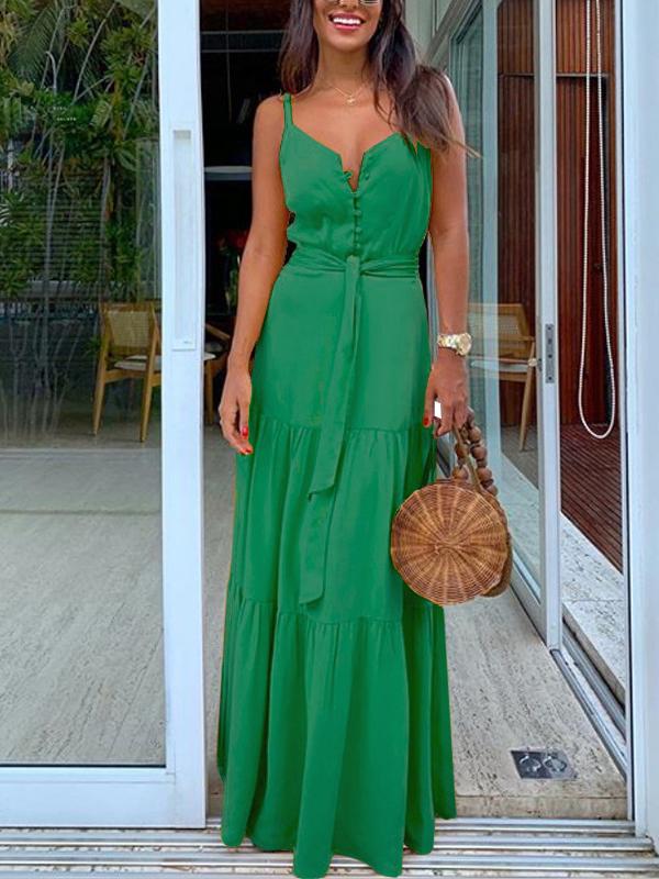 Button belt v-neck spaghetti straps women maxi dress beach dress