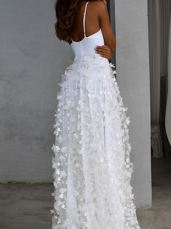 Lace Embroidery Deep V Neck Sleeveless A-Line Maxi Dress Women Fashion Elegant Dress