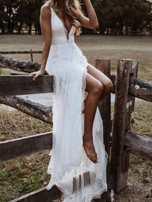 Lace Backless Deep V-Neck Spaghetti Straps Maxi Dresses Women's Wedding Dress