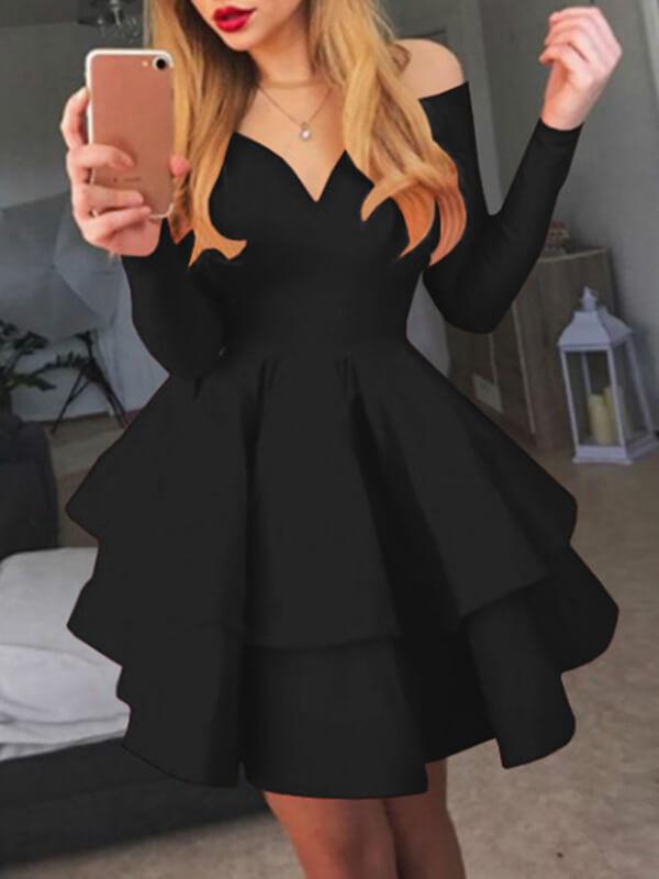 Solid Color Draped Double Deck Boat Neck Long Sleeve Mini Dresses Women's Party Dress