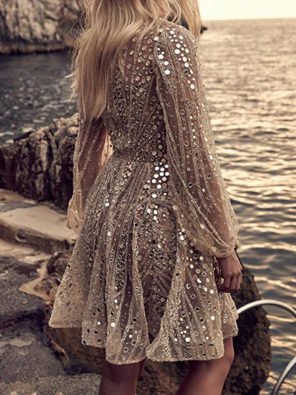 Golden glitter deep v-neck long sleeve a-line mini dresses women sequin dress