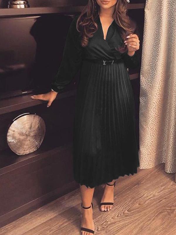 Pleated V-Neck Long Sleeve Women Maxi Dresses Elegant Dress