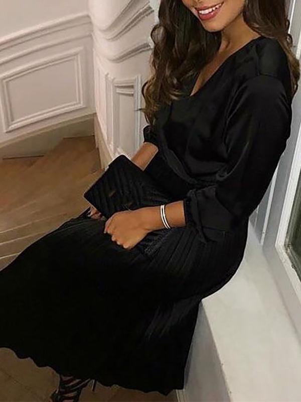 Pleated V-Neck Long Sleeve Women Maxi Dresses Elegant Dress