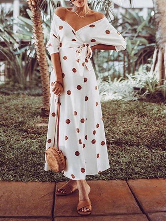 Polka Dot Sashes High Waist V Neck Short Sleeve Maxi Dresses Women Fashion Elegant Dress