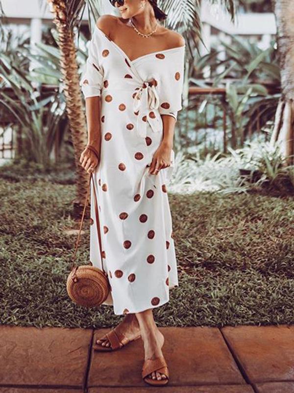 Polka Dot Sashes High Waist V Neck Short Sleeve Maxi Dresses Women Fashion Elegant Dress