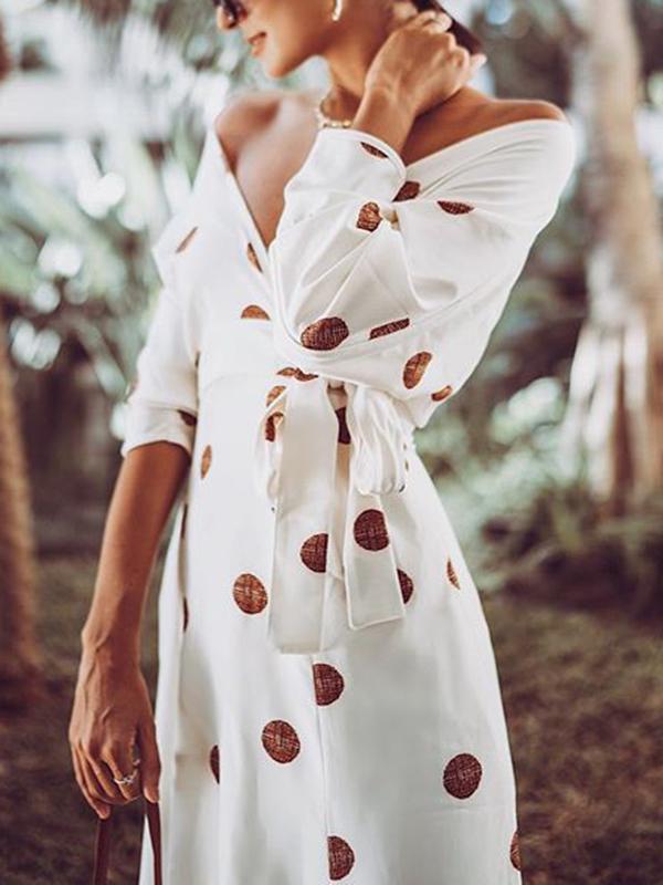 Polka Dot Sashes High Waist V Neck Short Sleeve Maxi Dresses Women Fashion Elegant Dress