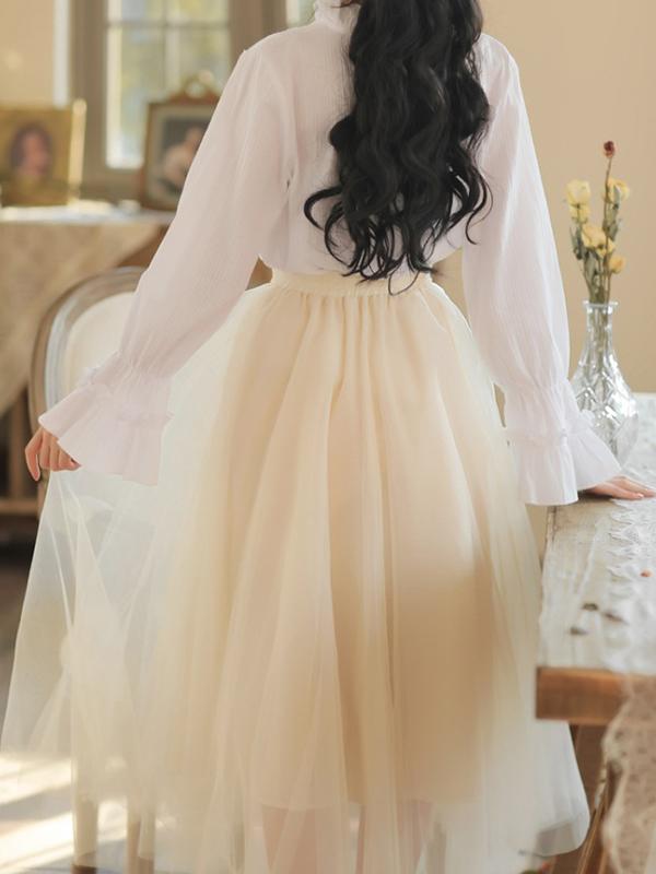 Floral Mesh Pleated High Waist Women Skirts Tulle Skirt Midi Skirt