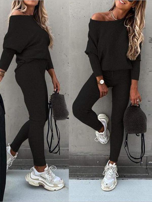 Solid Color Drawstring One Shoulder Round Neck Long Sleeves Batwing Sleeves Long Two-Piece Tubes Ladies Fashion Jumpsuit