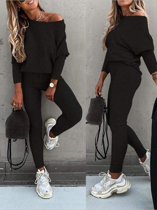 Solid Color Drawstring One Shoulder Round Neck Long Sleeves Batwing Sleeves Long Two-Piece Tubes Ladies Fashion Jumpsuit
