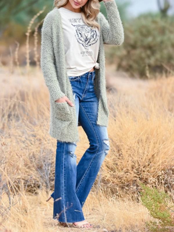 Solid Color Zipper Destroyed Pockets Long Flare Pants High Waist Flare Women Fashion Jeans