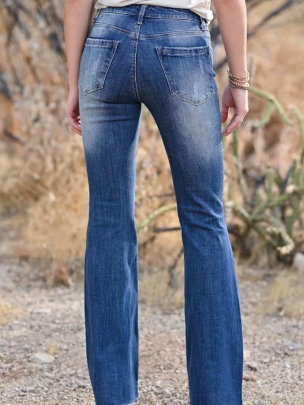 Solid Color Zipper Destroyed Pockets Long Flare Pants High Waist Flare Women Fashion Jeans