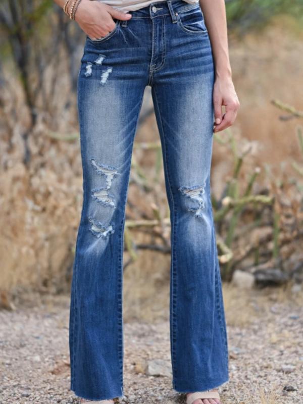 Solid Color Zipper Destroyed Pockets Long Flare Pants High Waist Flare Women Fashion Jeans