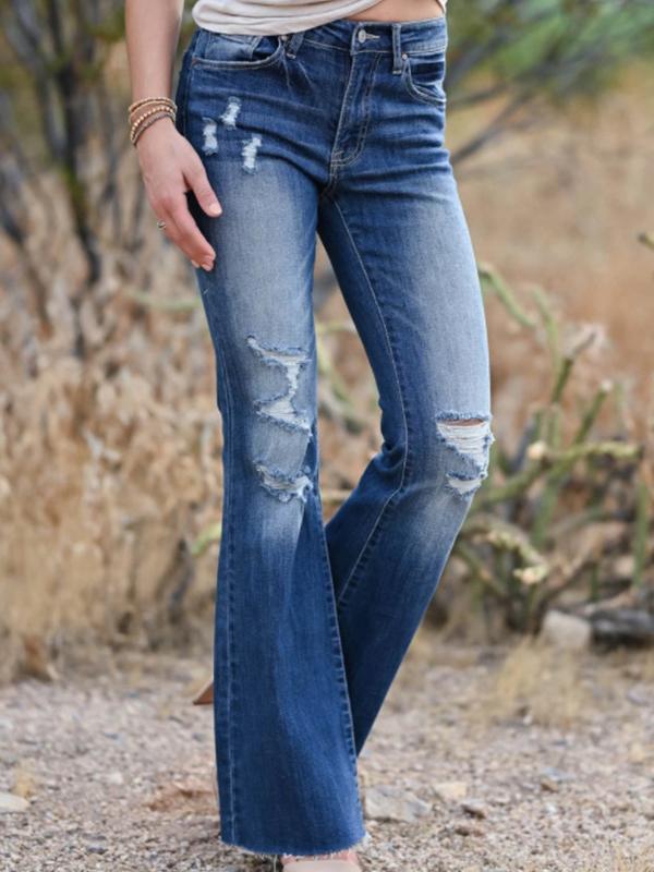 Solid Color Zipper Destroyed Pockets Long Flare Pants High Waist Flare Women Fashion Jeans